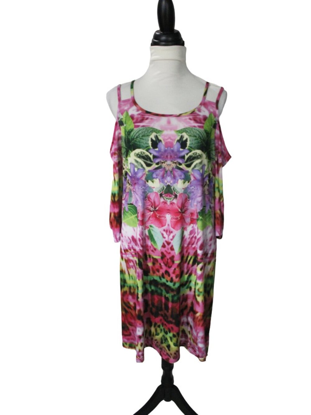 Venus Neon Floral Animal Print Cold Shoulder Tunic Dress XL 1X